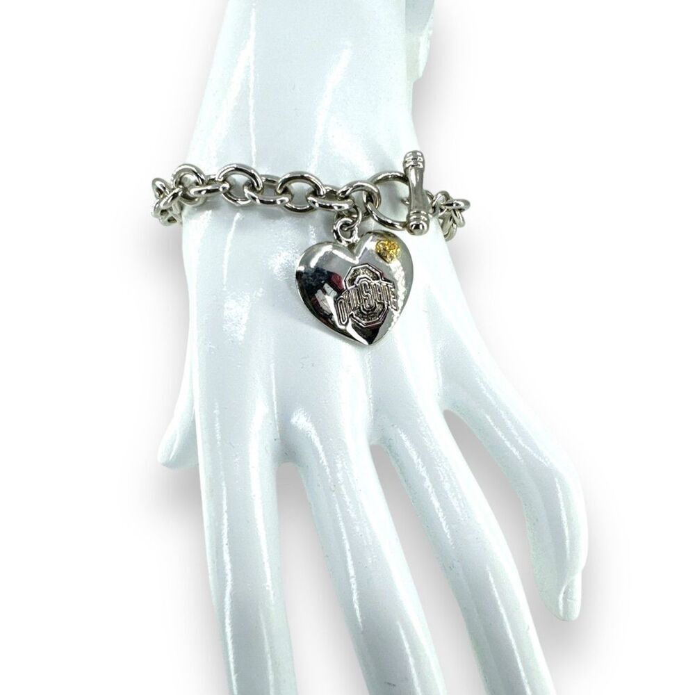 Womens Ohio State Buckeyes Bracelet Heart Charm College Football Silver Plated